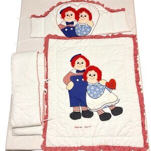 Vintage Raggedy Ann & Andy Applique Crib Quilt Nursery Bedding Set Rail Cover